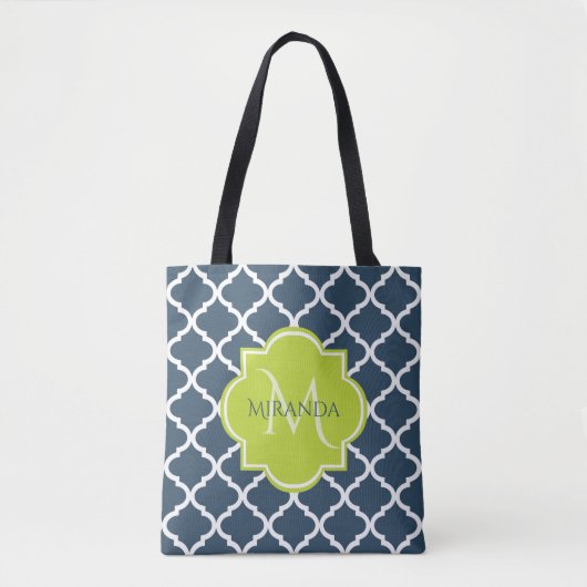 Elegant Monogram Marine Green Quatrefoil en Name Tote Bag (Voorkant)