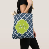 Elegant Monogram Marine Green Quatrefoil en Name Tote Bag (Dichtbij)