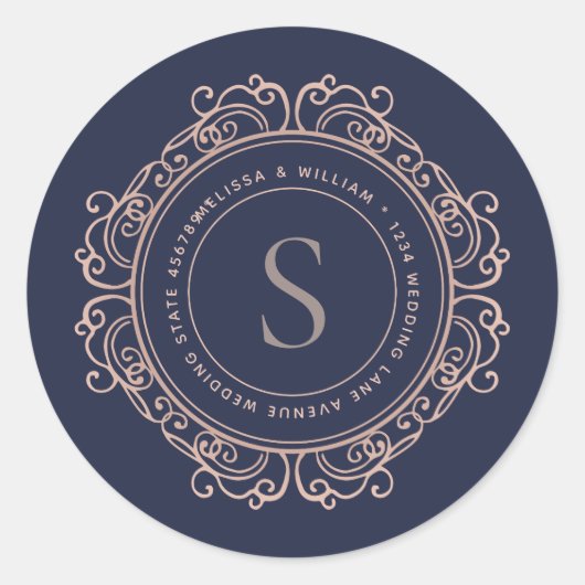 Elegant Monogram Marine Koper Blush Adres Seal Ronde Sticker (Voorkant)