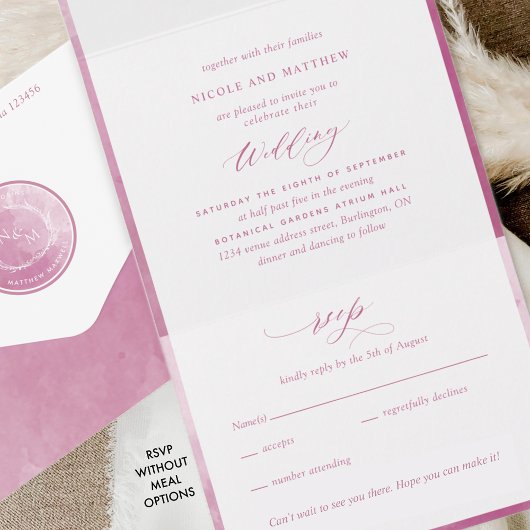 Elegant Monogram Mauve and Pink Waterverf Wedding All In One Uitnodiging
