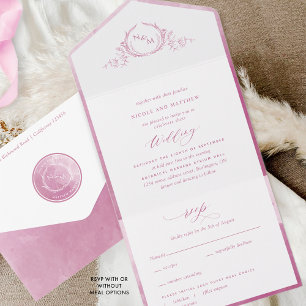 Elegant Monogram Mauve and Pink Waterverf Wedding All In One Uitnodiging
