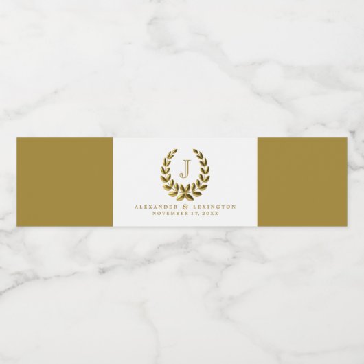 Elegant monogram met Gold Laurel Wreate Waterfles Etiket (Enkel label)