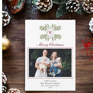 Elegant Monogram met Greenery Family Foto Feestdagenkaart