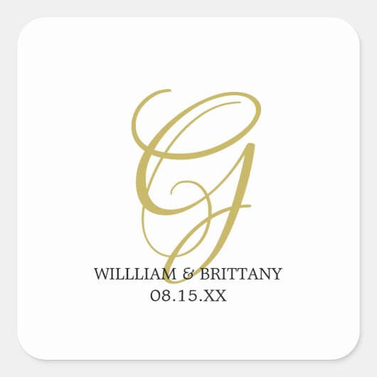 Elegant Monogram met Namen Bruiloft Vierkante Stic Sticker (Voorkant)