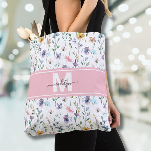 Elegant Monogram met Wilde Bloemen Tote Bag