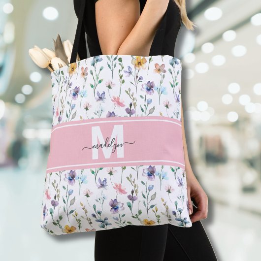 Elegant Monogram met Wilde Bloemen Tote Bag