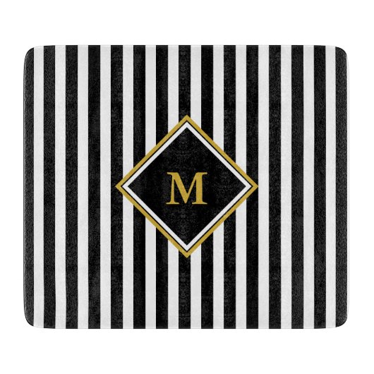 Elegant Monogram met zwarte en witte strepen Snijplank (Voorkant)