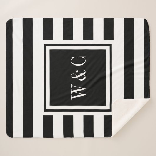 Elegant Monogram Modern Black White Stripe Sherpa Deken (Voorkant (horizontaal))