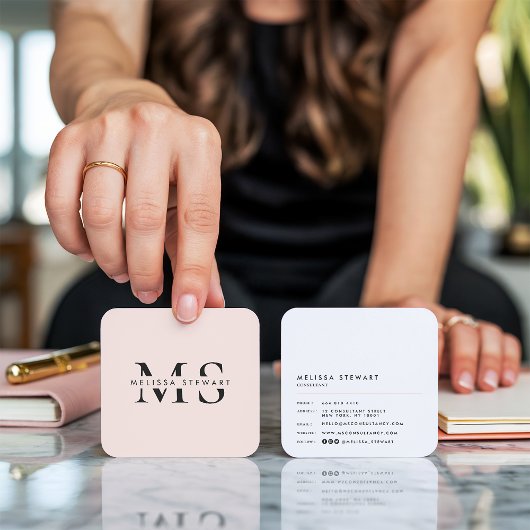 Elegant monogram modern blush roze afgerond vierkante visitekaartje