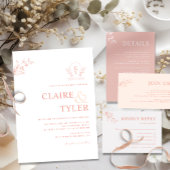 Elegant Monogram Modern Blush Roze, Perzik Bruilof Kaart