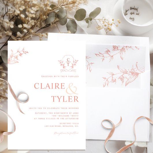 Elegant Monogram Modern Blush Roze, Perzik Bruilof Kaart