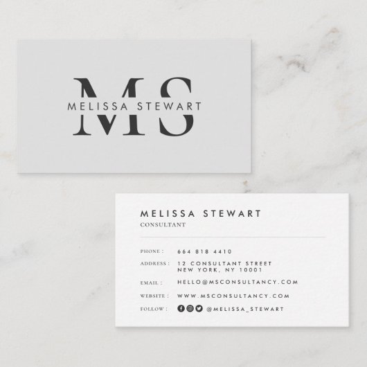 Elegant monogram modern gewoon grijs professioneel visitekaartje (Voorkant / Achterkant)