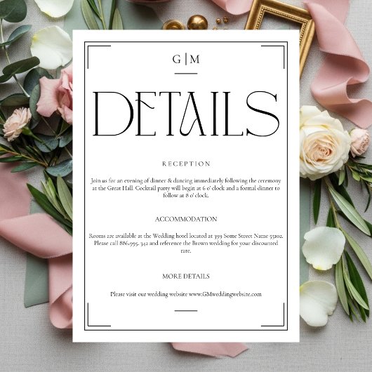 Elegant Monogram Modern Minimalist Details Card Informatiekaartje
