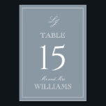 Elegant Monogram Modern Script Stoffig Blauw Bruil Kaart<br><div class="desc">Leid uw gasten naar hun stoelen met stijl met behulp van onze Elegant Monogram Modern Script Dusty Blue Wedding Table Number kaarten. Deze prachtig ontworpen kaarten zijn voorzien van een luxe stoffig blauw en wit palet, perfect voor het toevoegen van een vleugje verfijning aan elke formele affaire. Het verfijnde kalligrafie...</div>
