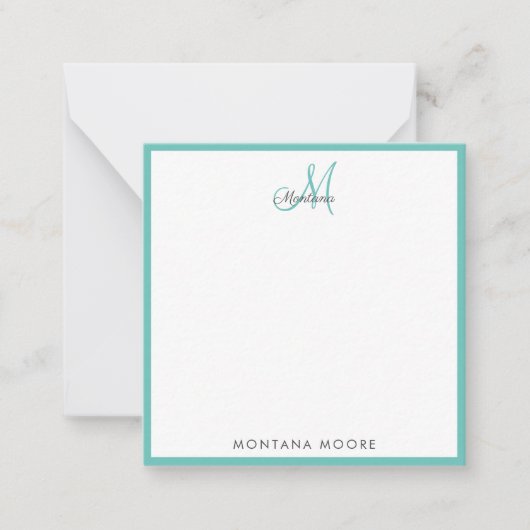 Elegant Monogram Modern Simple Girly Blauwgroen Notitiekaartje (Voorkant)