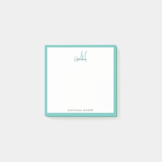 Elegant Monogram Modern Simple Girly Blauwgroen Post-it® Notes (Voorkant)