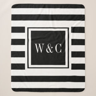 Elegant Monogram Modern Zwart Wit Streep Sherpa Deken