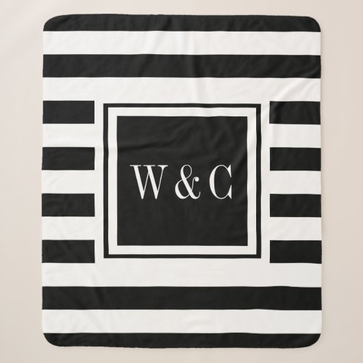 Elegant Monogram Modern Zwart Wit Streep Sherpa Deken (Voorkant)