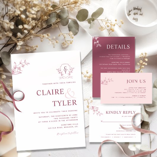 Elegant Monogram Moderne Bourgogne, Roze Bruiloft Kaart