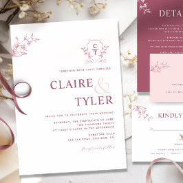 Elegant Monogram Moderne Bourgogne, Roze Bruiloft Kaart