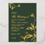Elegant monogram moderne bruiloft donkergroen goud folie uitnodiging (Voorkant)
