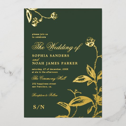 Elegant monogram moderne bruiloft donkergroen goud folie uitnodiging (Voorkant)