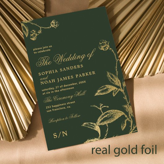Elegant monogram moderne bruiloft donkergroen goud folie uitnodiging