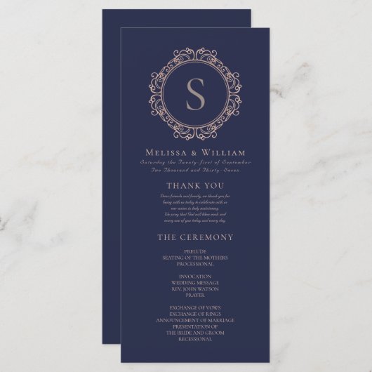 Elegant Monogram Moderne Klassieke Navy Blush Brui Programmakaart (Voorkant / Achterkant)
