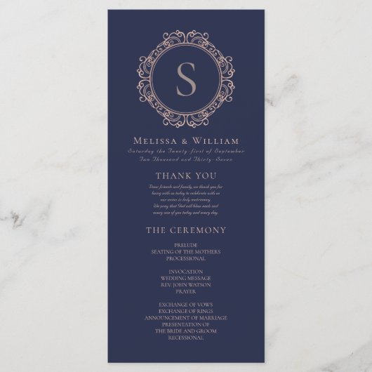 Elegant Monogram Moderne Klassieke Navy Blush Brui Programmakaart (Voorkant)