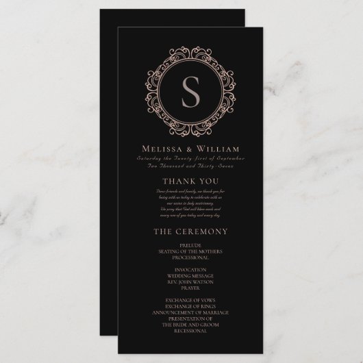 Elegant Monogram Moderne Klassieke Zwarte Bruiloft Programmakaart (Voorkant / Achterkant)