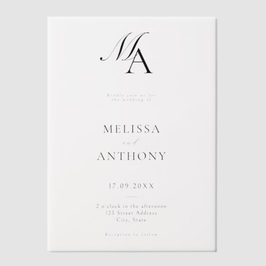 Elegant monogram moderne minimalistische bruiloft vellum uitnodigingen (Voorkant)