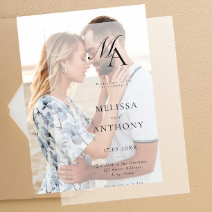Elegant monogram moderne minimalistische bruiloft vellum uitnodigingen
