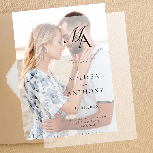 Elegant monogram moderne minimalistische bruiloft vellum uitnodigingen