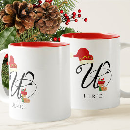 Elegant Monogram Moderne Script Initiaal U Kerstmi Tweekleurige Koffiemok
