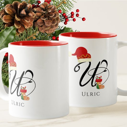 Elegant Monogram Moderne Script Initiaal U Kerstmi Tweekleurige Koffiemok
