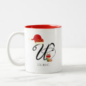 Elegant Monogram Moderne Script Initiaal U Kerstmi Tweekleurige Koffiemok (Links)