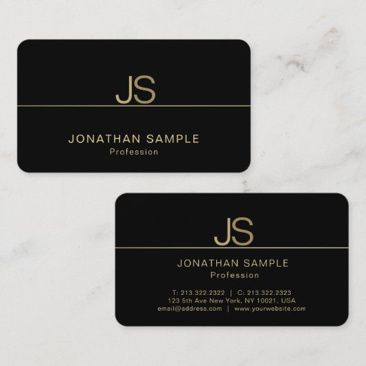 Elegant Monogram Moderne Zwarte en Gouden Elite Visitekaartje (Voorkant / Achterkant)