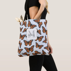 Elegant Monogram Monarch Butterflies Floral Tote Bag