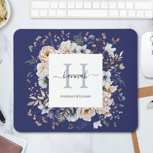 Elegant Monogram Mooie Beige Blauwe Bloemen Bloemi Muismat