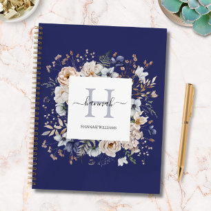 Elegant Monogram Mooie Beige Blauwe Bloemen Bloemi Notitieboek