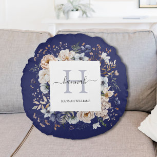 Elegant Monogram Mooie Beige Blauwe Bloemen Bloemi Rond Kussen