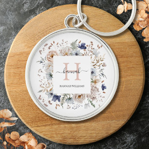 Elegant Monogram Mooie Beige Blauwe Bloemen Bloemi Sleutelhanger