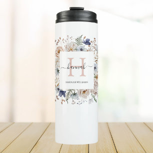 Elegant Monogram Mooie Beige Blauwe Bloemen Bloemi Thermosbeker