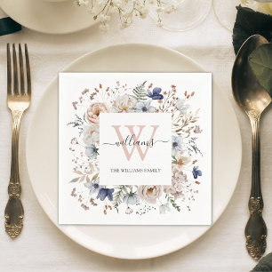 Elegant Monogram Mooie Beige Blauwe Bloemen Bloems Servet