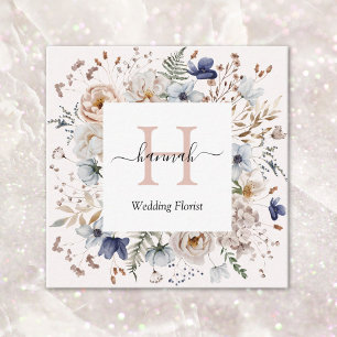 Elegant Monogram Mooie Beige Blauwe Bloemen Bloems Vierkante Visitekaartje