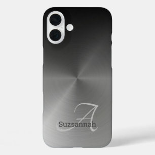 Elegant Monogram Naam Black Ombre Faux Metal iPhone 16 Plus Hoesje