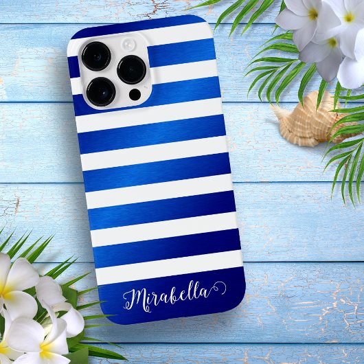 Elegant Monogram Naam Blauw en Witte Stripes Case-Mate iPhone Case