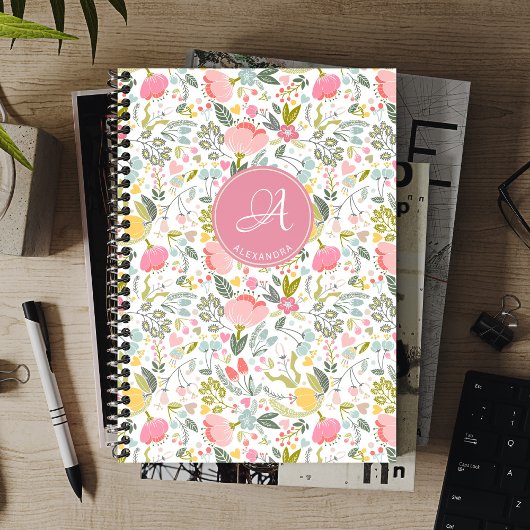 Elegant monogram naam bloemenpatroon gepersonalise notitieboek