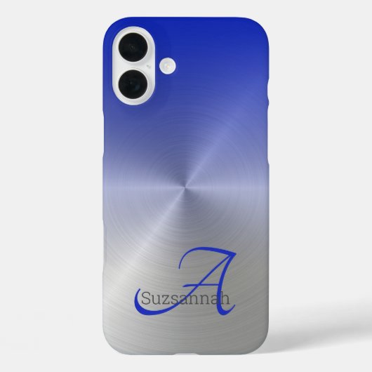 Elegant Monogram Naam Blue Ombre Faux Metal Case-Mate iPhone Case (Achterkant)
