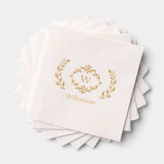 Elegant Monogram Naam Fancy Krans Wit Goud Folie Servetten (Insitu (Gestapeld))